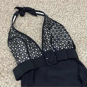 Black and white cutout belted Venus one piece swimsuit bodysuit